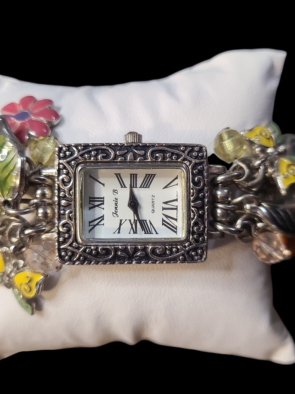 Jennie B Silver-Tone Bracelet Watch with floral Enamel Accents